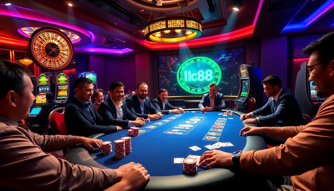 Experience the thrill of lc88 with players engaged at a luxurious poker table, glimmering chips everywhere.