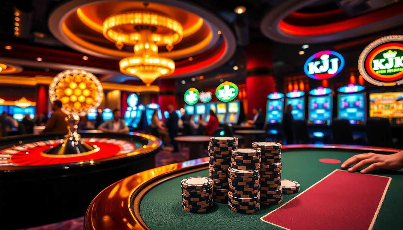KJC casino scene showcasing excited players at a luxurious poker table.