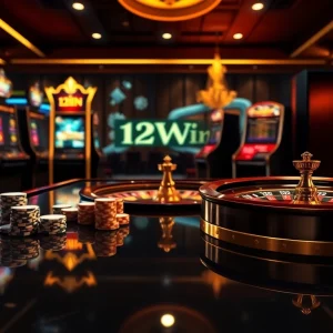 Players enjoy the vibrant atmosphere of 13Win's casino with tables, chips, and slot machines.