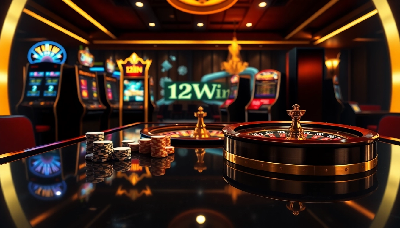 Players enjoy the vibrant atmosphere of 13Win's casino with tables, chips, and slot machines.