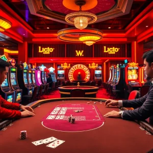 Exciting birutoto casino atmosphere with poker, slots, and roulette wheel in vibrant colors.