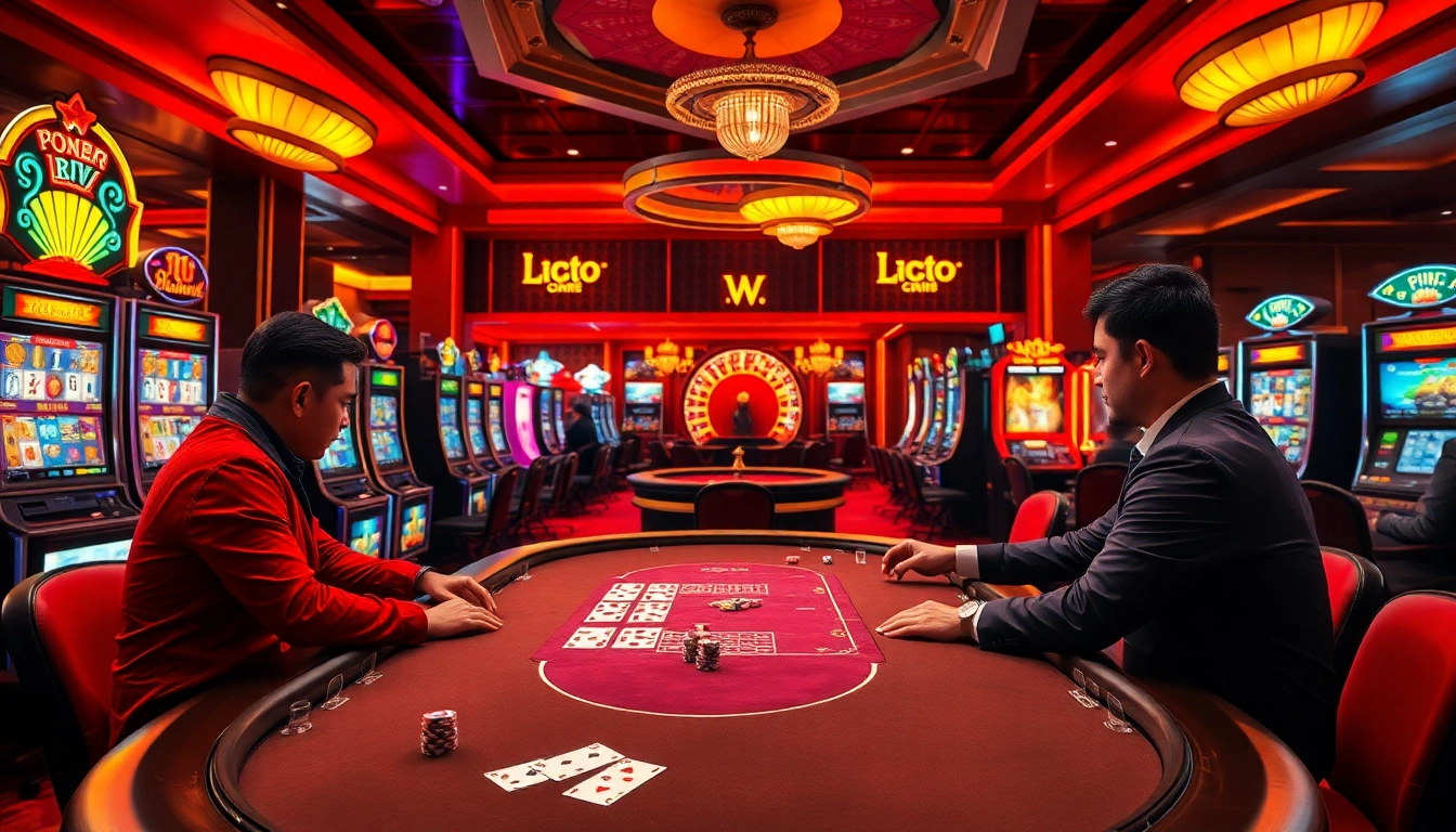 Exciting birutoto casino atmosphere with poker, slots, and roulette wheel in vibrant colors.