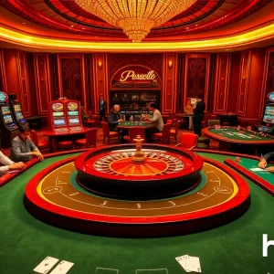 Players enjoy vibrant casino games at Hello88, surrounded by bright slot machines and luxurious decor.