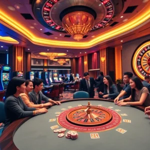 Exciting gaming action at xx88casino.com with poker chips and slot machines in a vibrant casino.