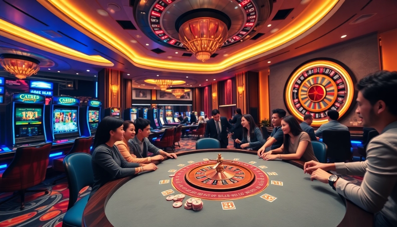 Exciting gaming action at xx88casino.com with poker chips and slot machines in a vibrant casino.