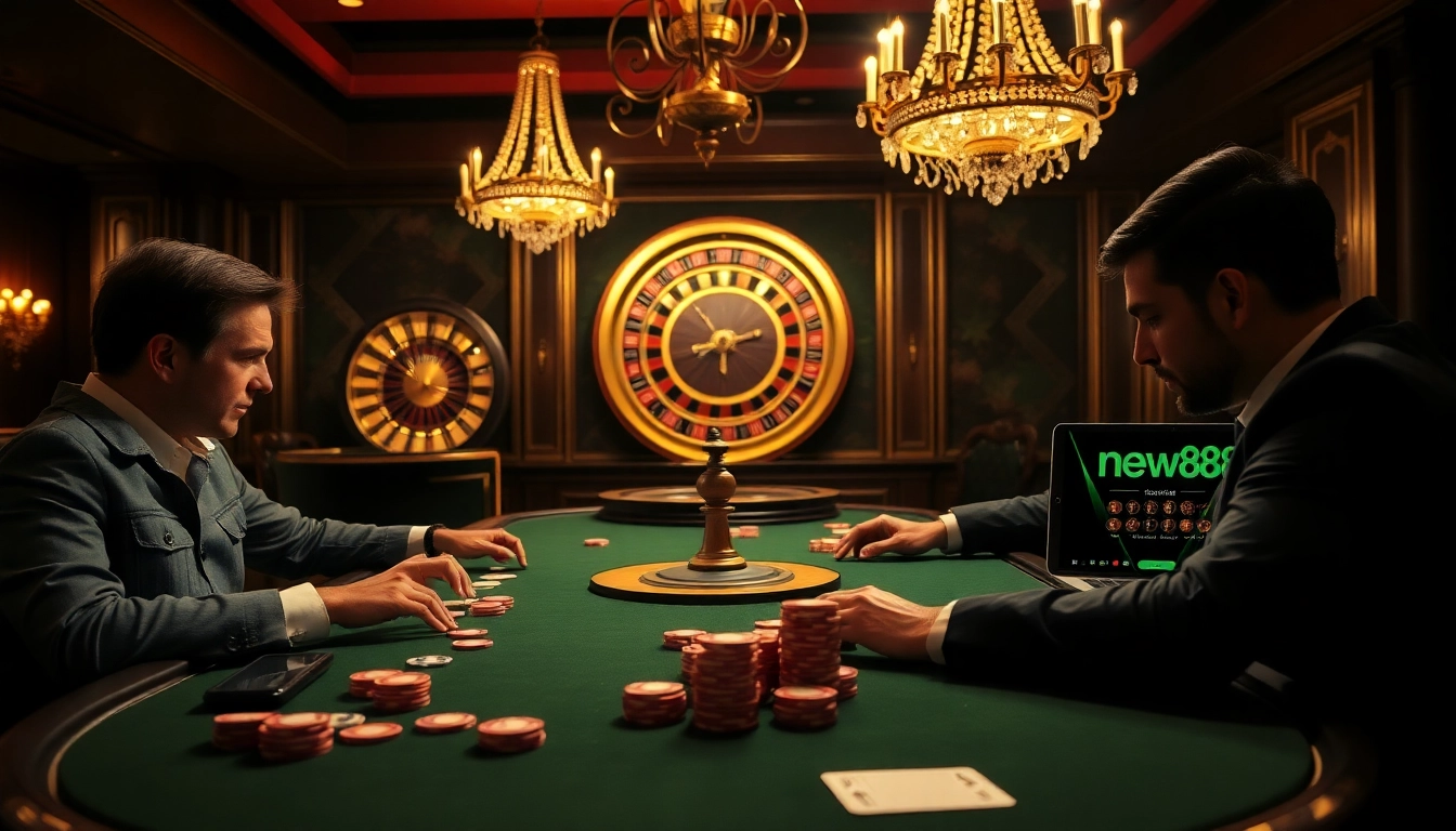 Exciting casino game scene highlighting new888 poker action with players and vibrant chips.