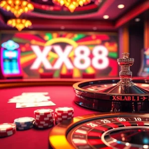 Engage with the immersive digital experience of XX88.AI through a visually striking virtual casino scene featuring poker chips and a roulette wheel.