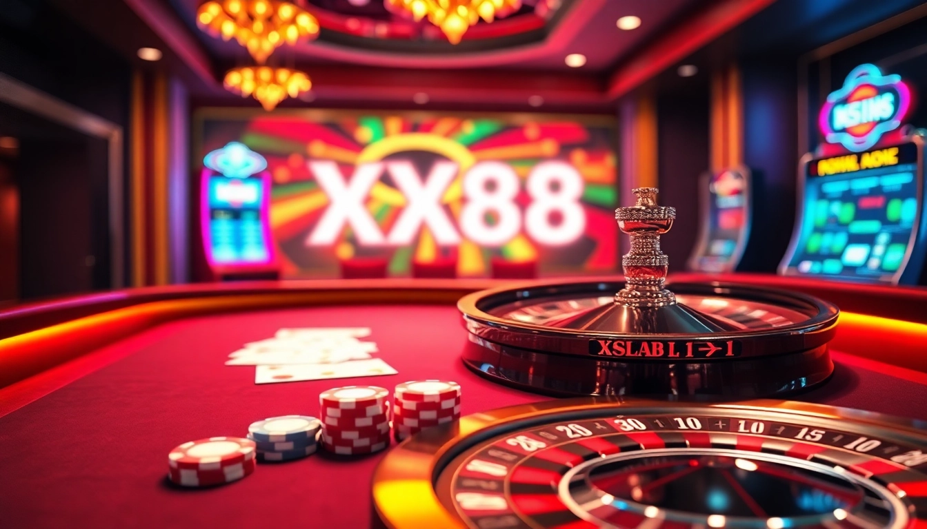 Engage with the immersive digital experience of XX88.AI through a visually striking virtual casino scene featuring poker chips and a roulette wheel.