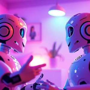 A cozy digital environment showcasing a flirty conversation between AI chatbots, emphasizing the theme of sex AI chat.