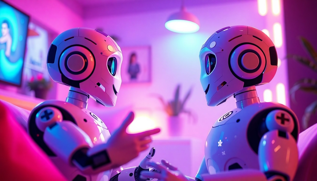 A cozy digital environment showcasing a flirty conversation between AI chatbots, emphasizing the theme of sex AI chat.
