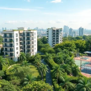 View of the stunning Tampines EC development, showcasing modern condominiums with greenery.