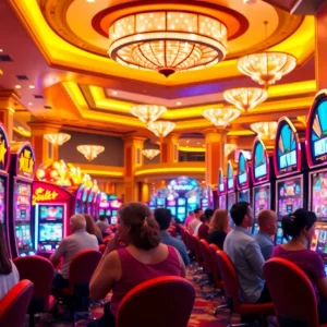 Memenangkan slot maxwin di kasino yang ramai dengan mesin slot yang bersinar dan pemain yang bersemangat.