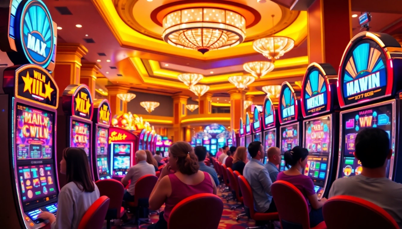 Memenangkan slot maxwin di kasino yang ramai dengan mesin slot yang bersinar dan pemain yang bersemangat.