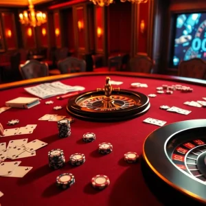 Experience the thrill of 888 new at a luxurious poker table with excited players and vibrant casino elements.