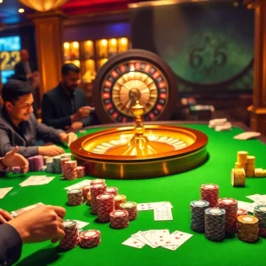 Players strategizing their next move in a high-stakes game at 13win casino, illuminated by vibrant lights.