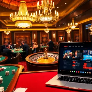 Exciting casino scene showcasing THABET's vibrant gambling atmosphere with roulette and poker tables.