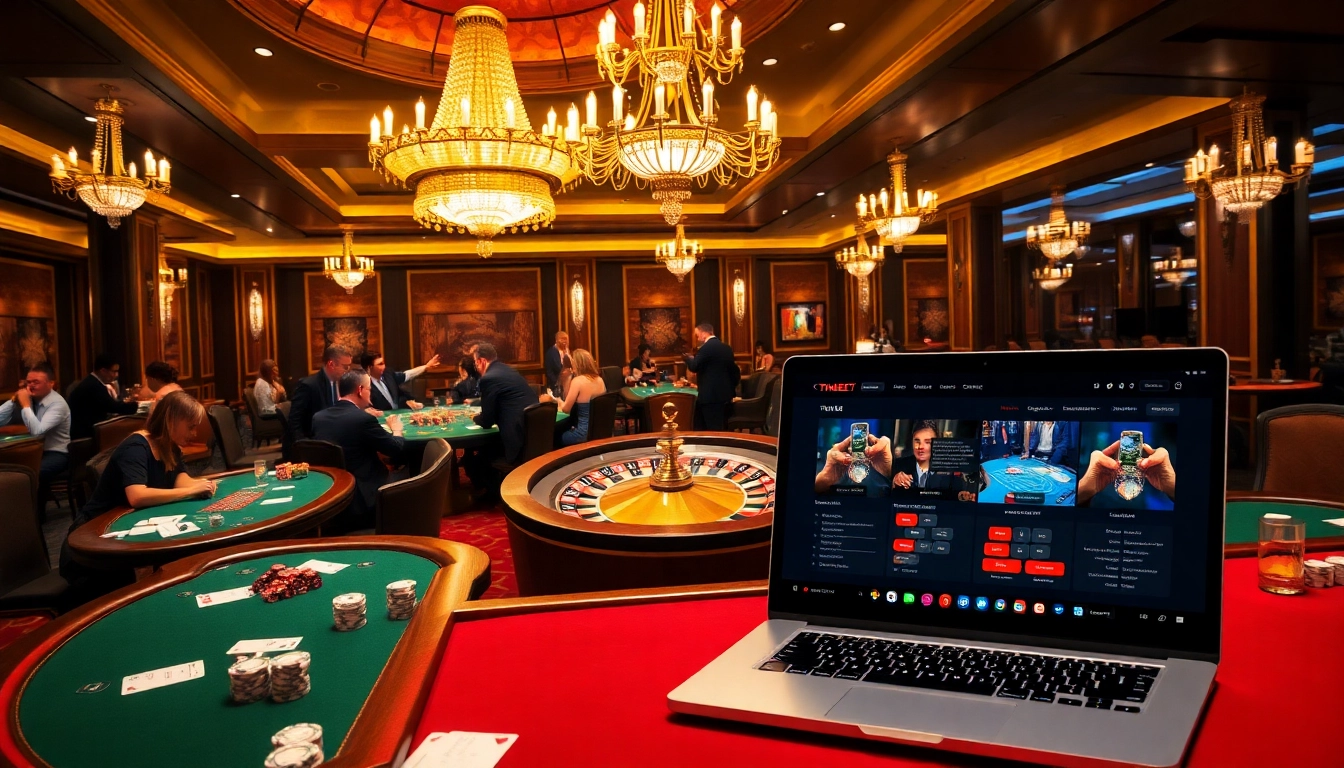 Exciting casino scene showcasing THABET's vibrant gambling atmosphere with roulette and poker tables.