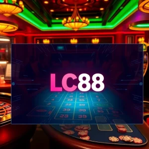Experience thrilling gameplay at LC88 with vibrant casino elements, including roulette and poker tables.