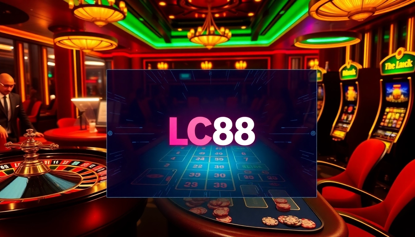 Experience thrilling gameplay at LC88 with vibrant casino elements, including roulette and poker tables.