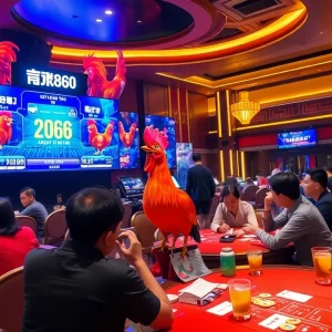 Excited players engaging in Đá Gà Thomo BJ888 bets at a vibrant casino arena.
