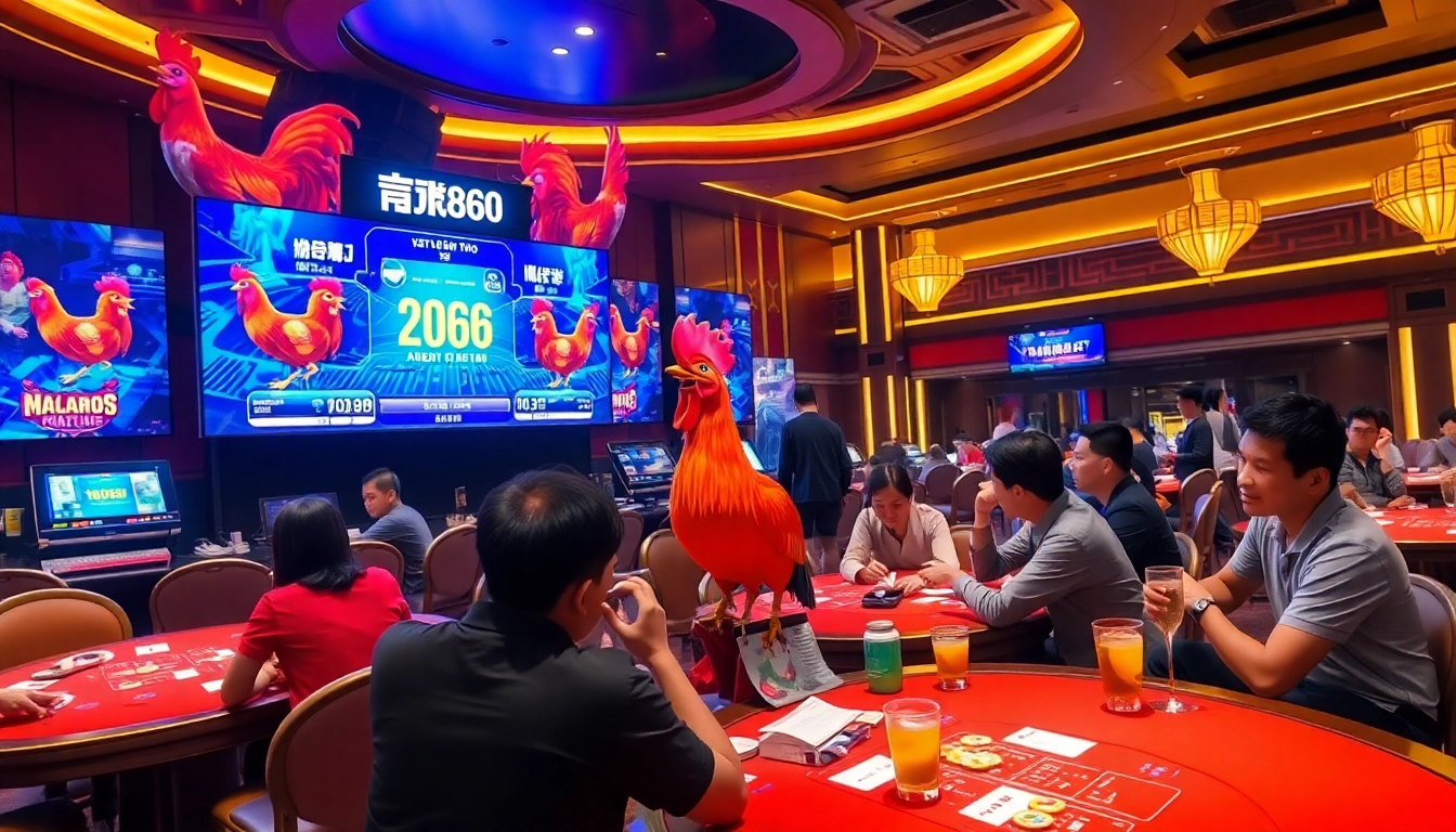 Excited players engaging in Đá Gà Thomo BJ888 bets at a vibrant casino arena.
