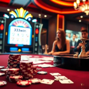 Exciting casino scene at 33win with poker chips, roulette wheel, and gamblers enjoying games.