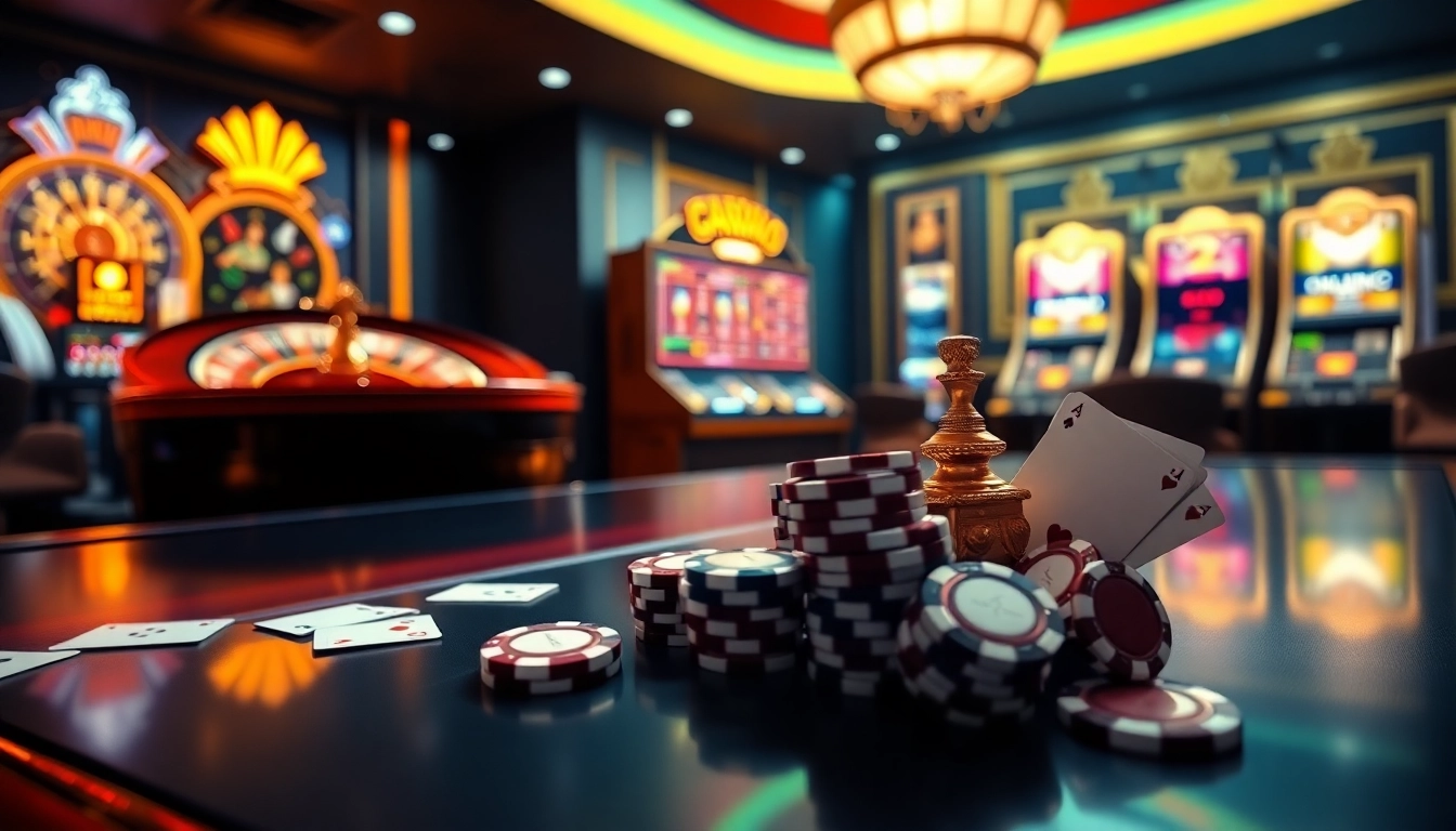 Engaging gambling experience at https://ih7777.com.br/ featuring vibrant poker chips and roulette wheel.