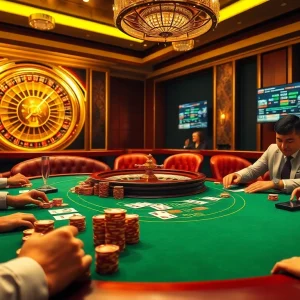 Engage in exciting gaming at https://789f.living/ with a luxurious poker table surrounded by eager players.