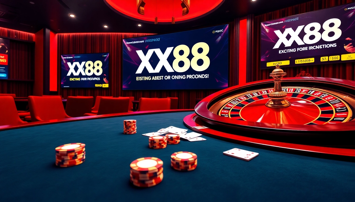 Experience the thrill of xx88 online casino with vibrant poker tables, roulette wheels, and luxurious betting interfaces.