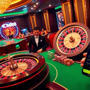 Experience the excitement of CM88 with a vibrant casino scene highlighting roulette and poker.