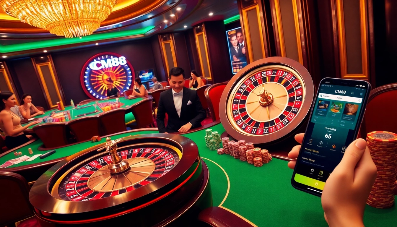 Experience the excitement of CM88 with a vibrant casino scene highlighting roulette and poker.