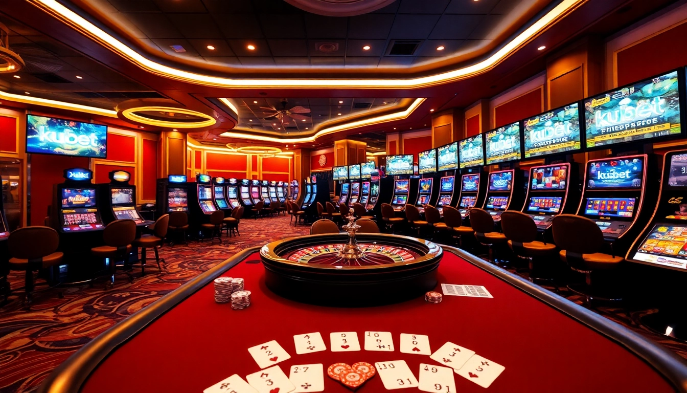 Experience thrilling kubet gaming with luxurious casino tables and vibrant slot machines.