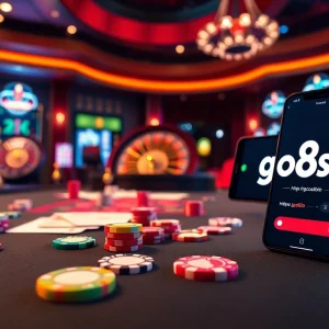 Engaging players at a casino table with vibrant colors and the interface of https://go8s.bio/ displayed on a smartphone.