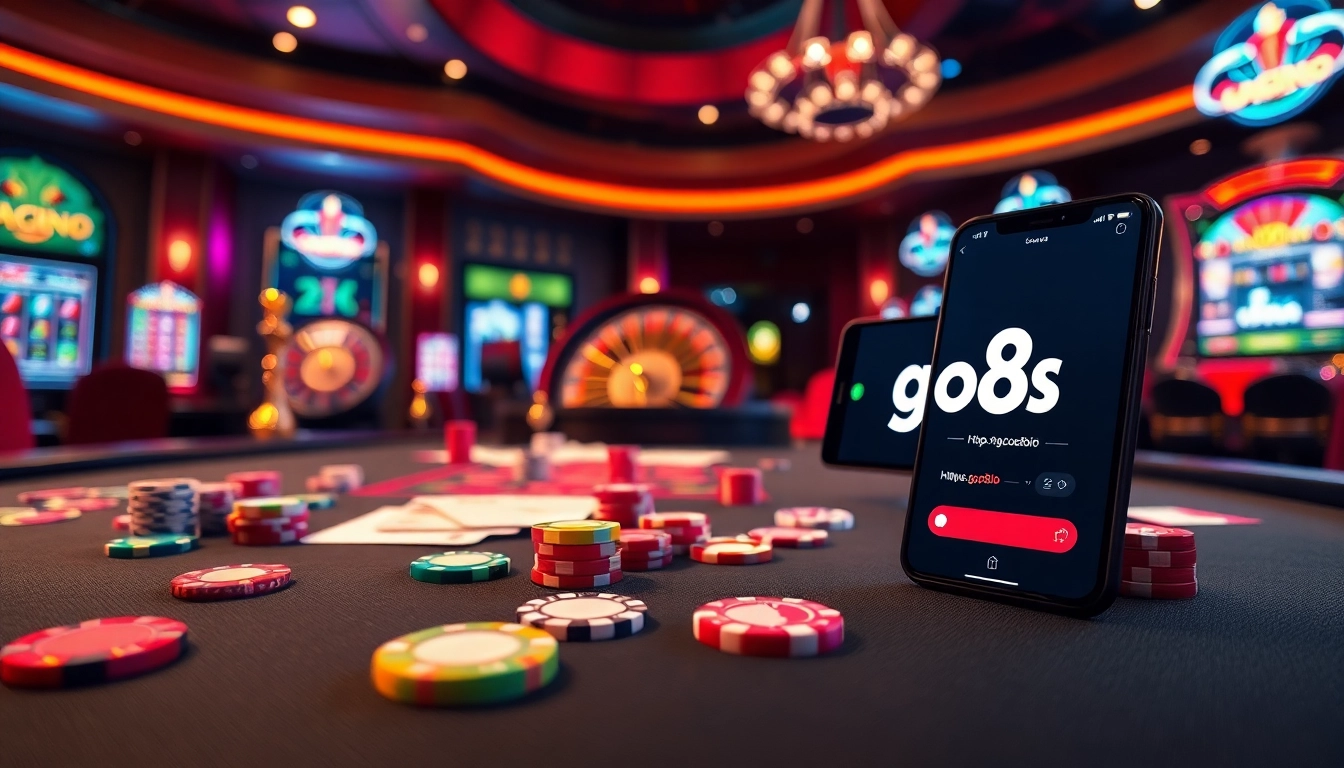 Engaging players at a casino table with vibrant colors and the interface of https://go8s.bio/ displayed on a smartphone.
