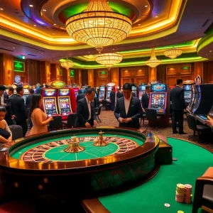 Exciting gaming scene at Nhà cái Thabet casino with players at roulette and slot machines.