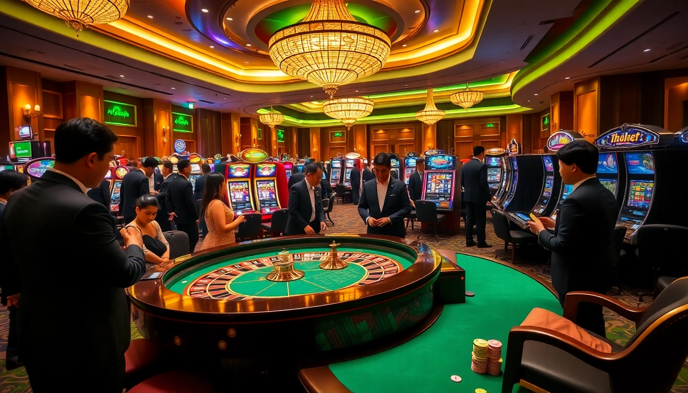 Exciting gaming scene at Nhà cái Thabet casino with players at roulette and slot machines.