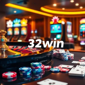 32win casino table filled with vibrant chips and cards during an exciting game.