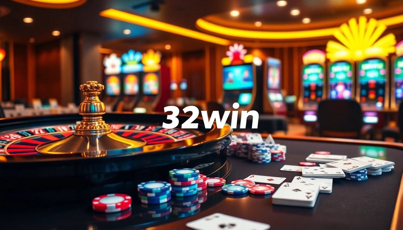 32win casino table filled with vibrant chips and cards during an exciting game.