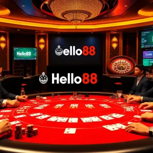 Players strategizing at a poker table amidst the elegance of gambling with Hello88 branding in the background.