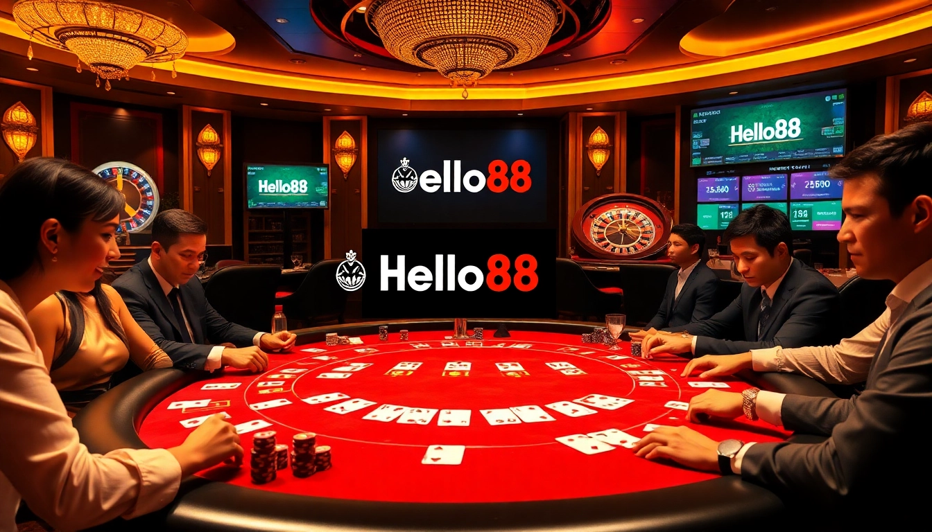 Players strategizing at a poker table amidst the elegance of gambling with Hello88 branding in the background.