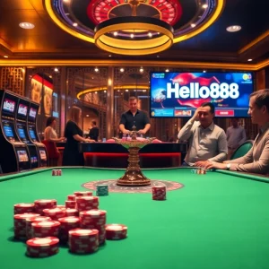 Play games at Hello88 with vibrant casino visuals, colorful chips, and engaging players.