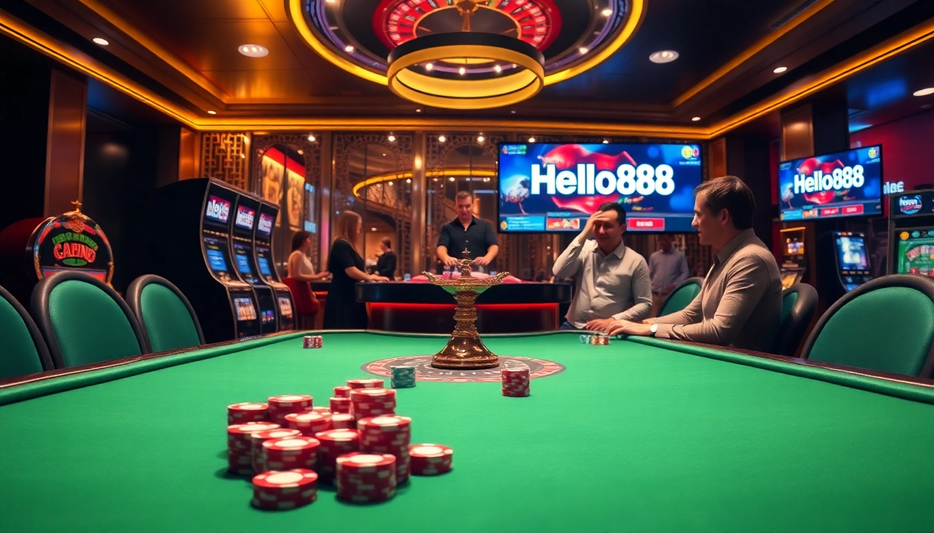 Play games at Hello88 with vibrant casino visuals, colorful chips, and engaging players.