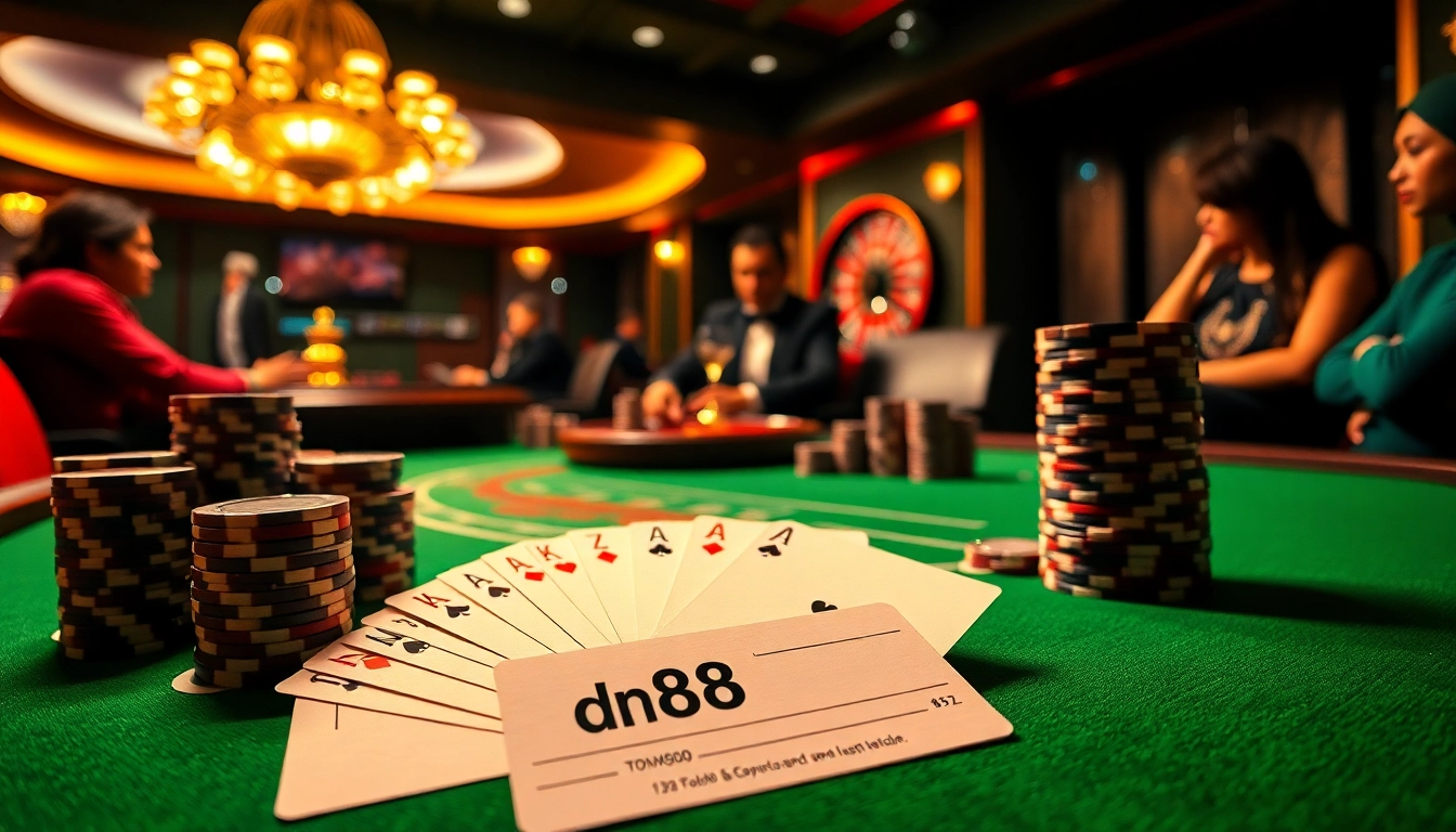 Experience dn88 excitement at a luxurious casino table with chips and cards.