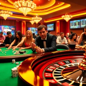 Experience thrilling gameplay at 789BET with vibrant casino elements like roulette wheels and poker chips.