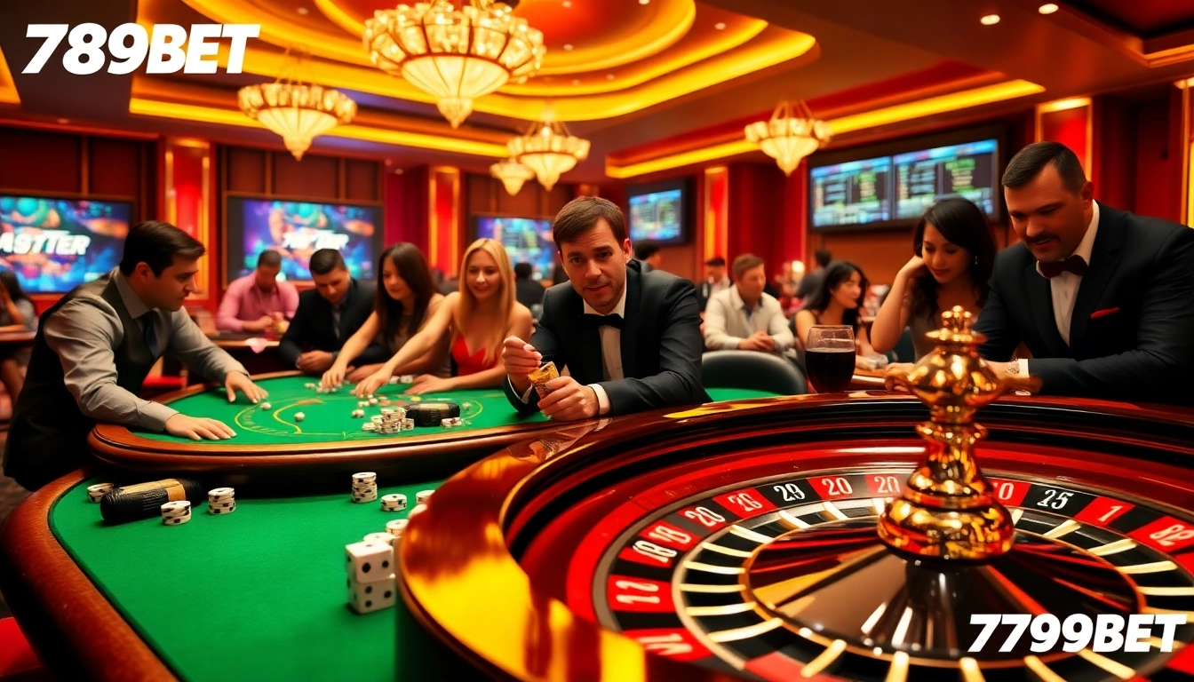 Experience thrilling gameplay at 789BET with vibrant casino elements like roulette wheels and poker chips.