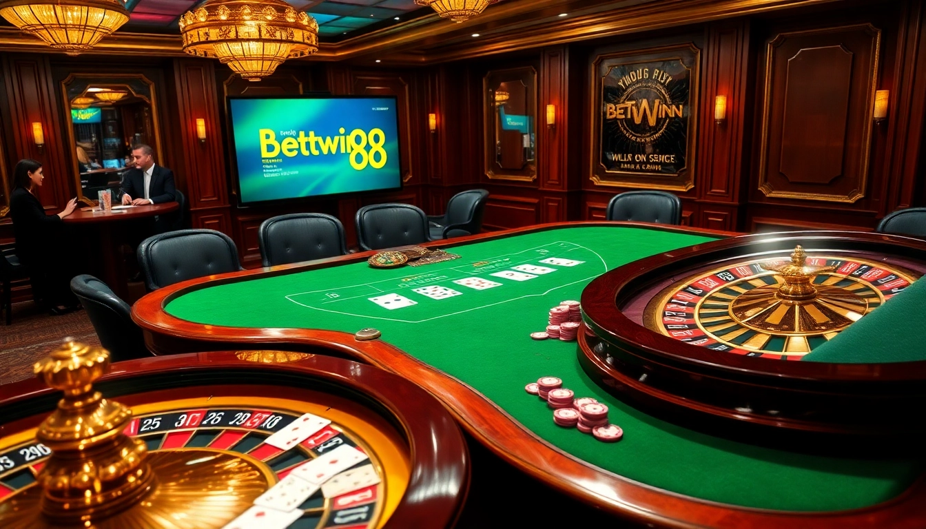 Experience the thrill of Betwin88 at a luxurious poker table with vibrant chips and cards.