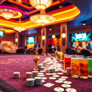 Experience the thrill of BK8 casino gaming with vibrant poker tables and roulette wheels.