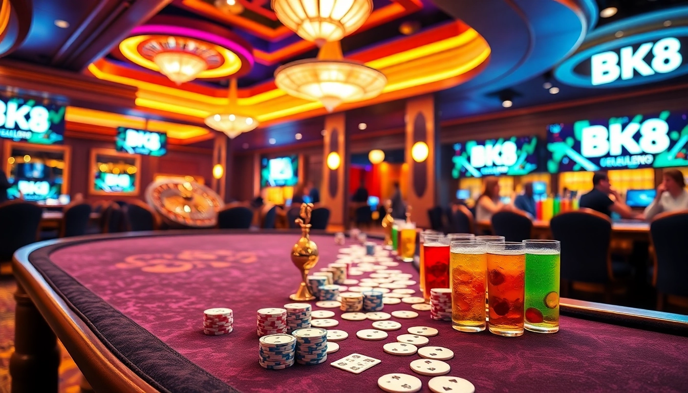 Experience the thrill of BK8 casino gaming with vibrant poker tables and roulette wheels.