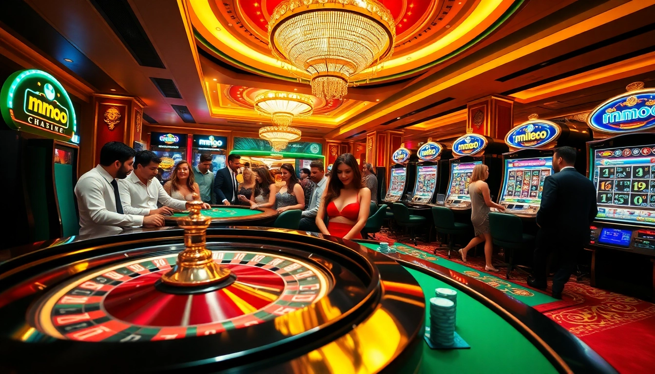 Players enjoying the thrilling games at MMOO casino, with roulette and poker chips in an opulent setting.