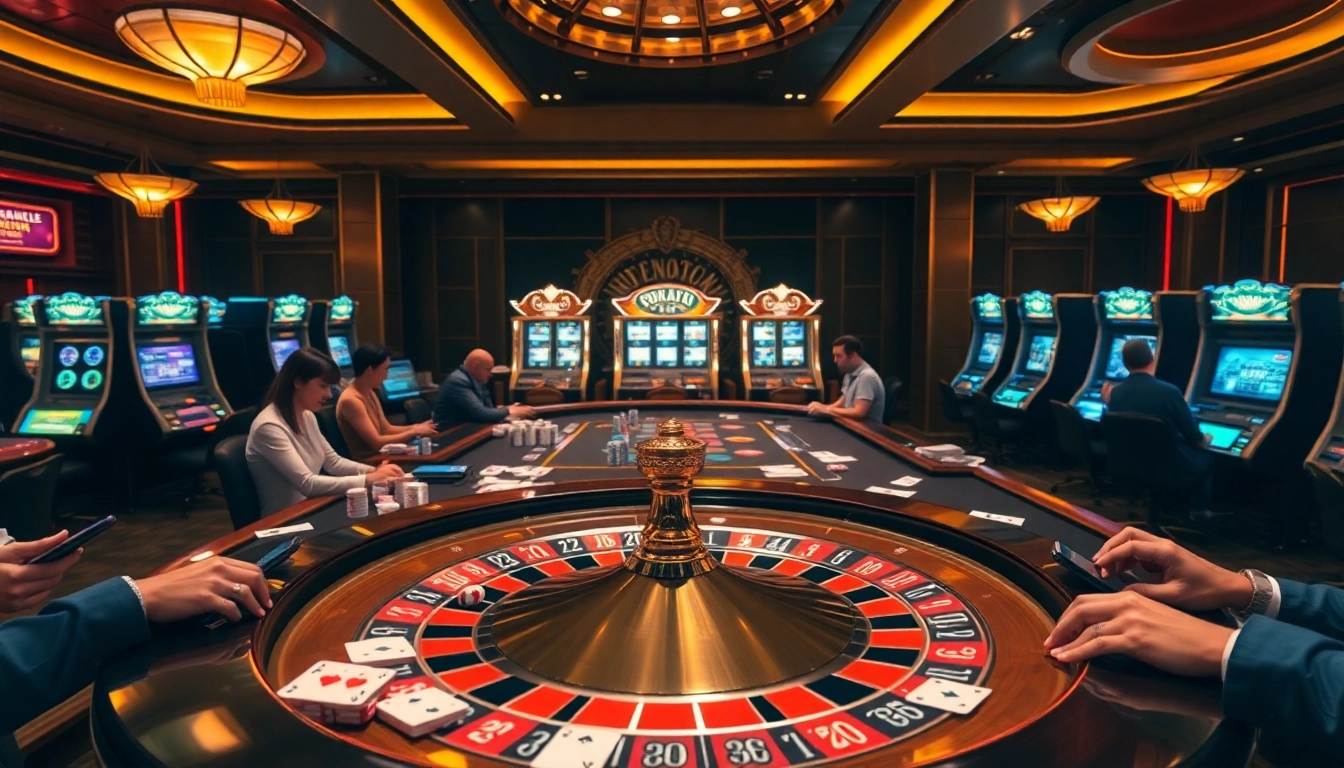 Nohu90 đăng nhập at a vibrant online casino featuring roulette, poker, and glowing slot machines.